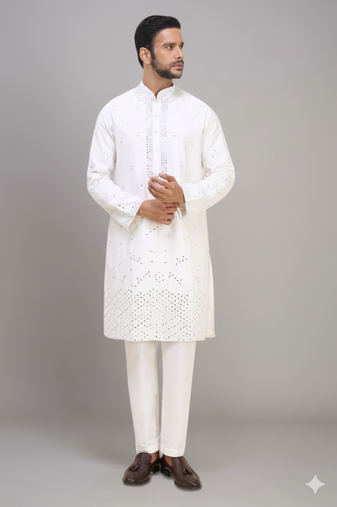 white embroidered mirror work silk kurta pant set for men