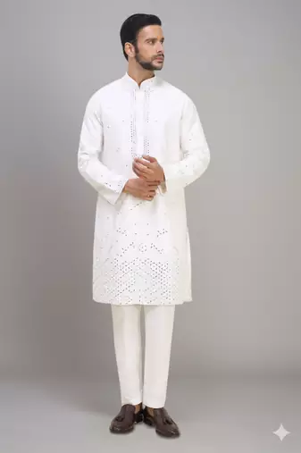white embroidered mirror work silk kurta pant set for men