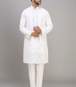 white embroidered mirror work silk kurta pant set for men