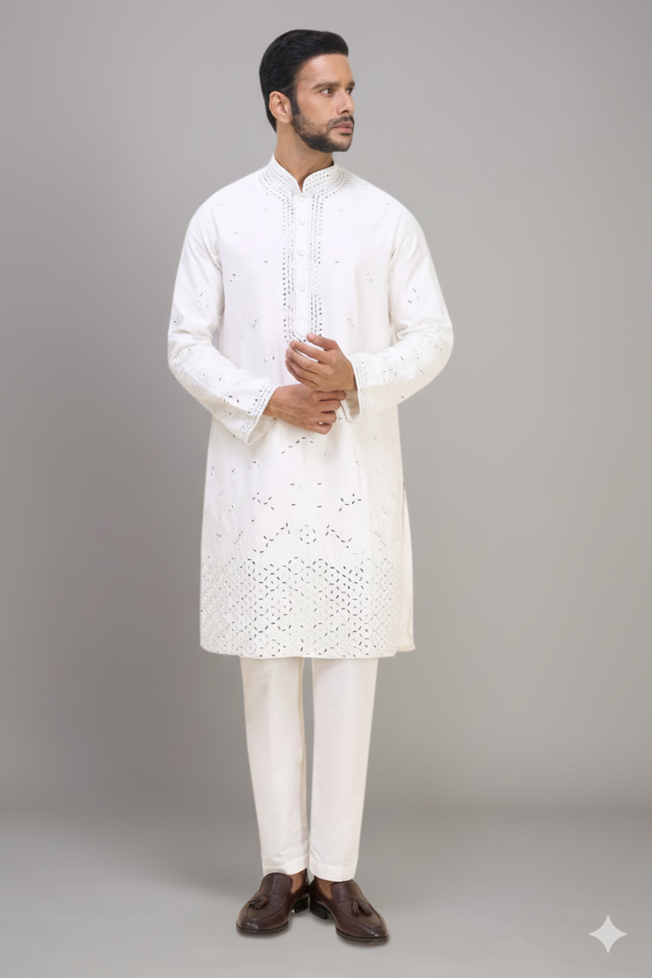 white embroidered mirror work silk kurta pant set for men