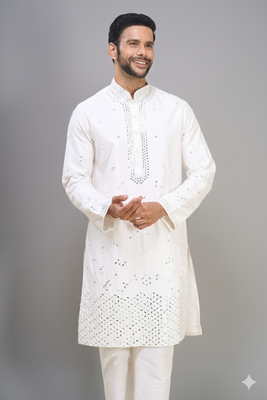 white embroidered mirror work silk kurta pant set for men 2