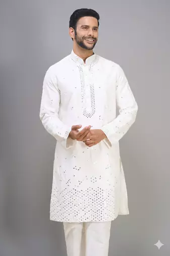 white embroidered mirror work silk kurta pant set for men