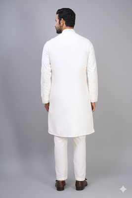white embroidered mirror work silk kurta pant set for men 3