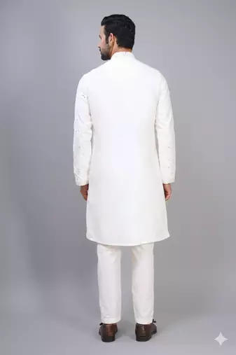 white embroidered mirror work silk kurta pant set for men