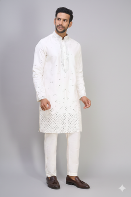 white embroidered mirror work silk kurta pant set for men 4