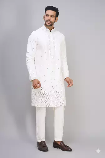 white embroidered mirror work silk kurta pant set for men