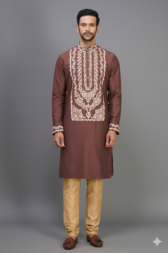 brown ethnic embroidered silk kurta pant set for men