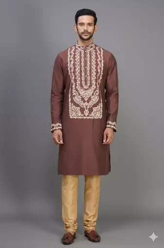 brown ethnic embroidered silk kurta pant set for men
