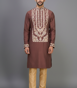 brown ethnic embroidered silk kurta pant set for men