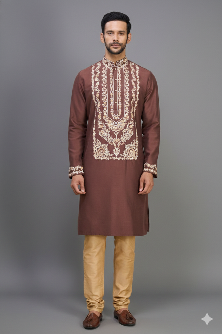 brown ethnic embroidered silk kurta pant set for men