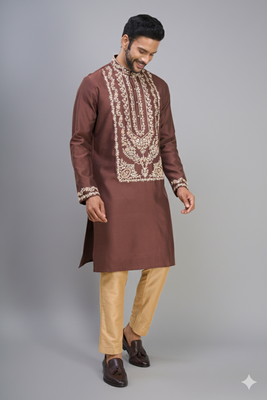 brown ethnic embroidered silk kurta pant set for men 2
