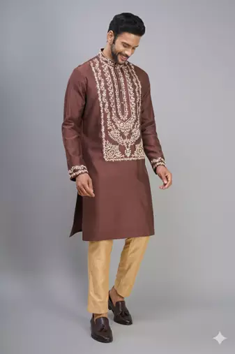 brown ethnic embroidered silk kurta pant set for men