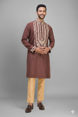 brown ethnic embroidered silk kurta pant set for men 3