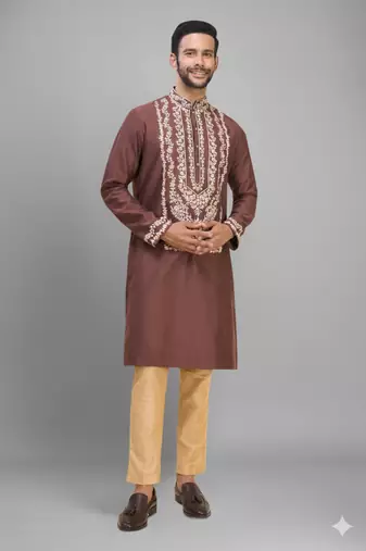 brown ethnic embroidered silk kurta pant set for men