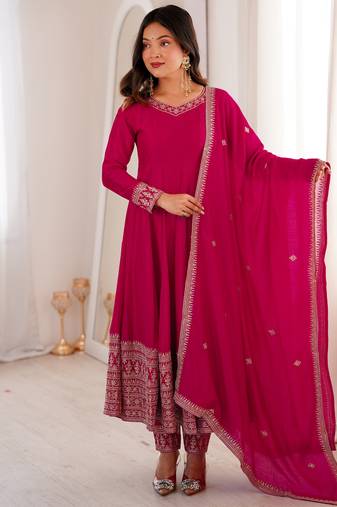 Pretty Pink Dori Embroidered Silk Engagement Wear Anarkali Pant Suit