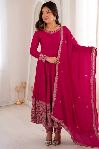 Pretty Pink Dori Embroidered Silk Engagement Wear Anarkali Pant Suit
