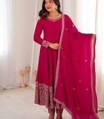 Pretty Pink Dori Embroidered Silk Engagement Wear Anarkali Pant Suit