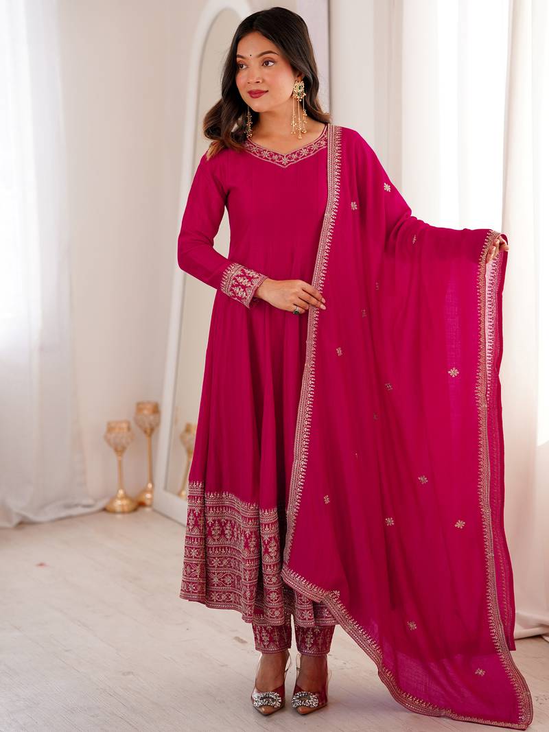 Pretty Pink Dori Embroidered Silk Engagement Wear Anarkali Pant Suit