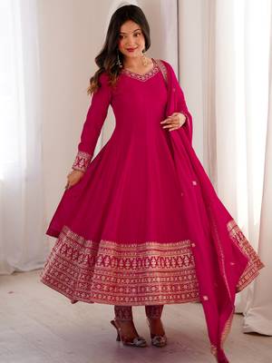 Pretty Pink Dori Embroidered Silk Engagement Wear Anarkali Pant Suit 3