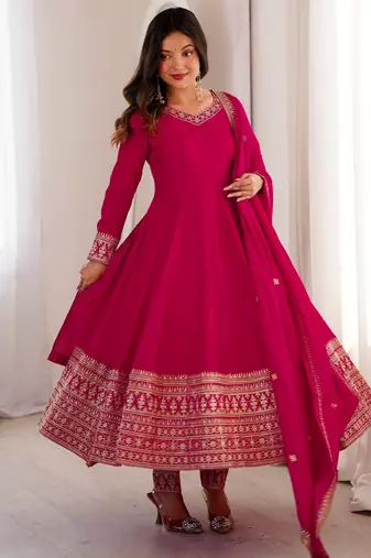Pretty Pink Dori Embroidered Silk Engagement Wear Anarkali Pant Suit