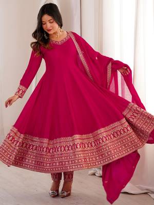 Pretty Pink Dori Embroidered Silk Engagement Wear Anarkali Pant Suit 4