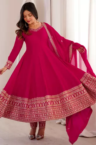Pretty Pink Dori Embroidered Silk Engagement Wear Anarkali Pant Suit