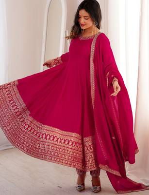 Pretty Pink Dori Embroidered Silk Engagement Wear Anarkali Pant Suit 5