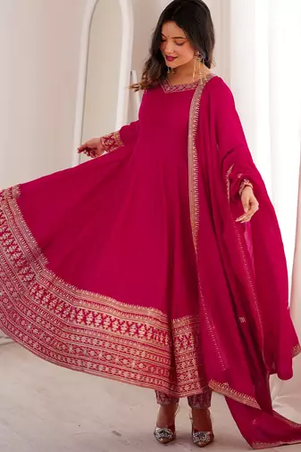 Pretty Pink Dori Embroidered Silk Engagement Wear Anarkali Pant Suit