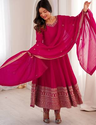 Pretty Pink Dori Embroidered Silk Engagement Wear Anarkali Pant Suit 6