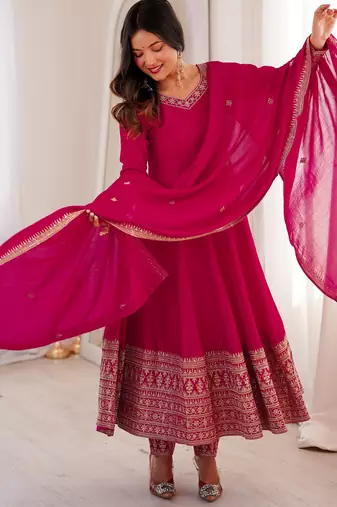 Pretty Pink Dori Embroidered Silk Engagement Wear Anarkali Pant Suit