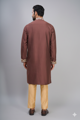 brown ethnic embroidered silk kurta pant set for men 4