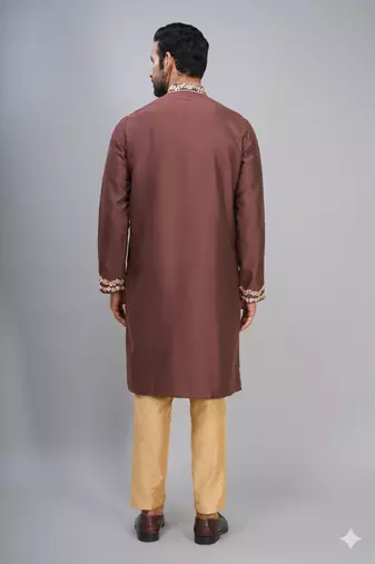 brown ethnic embroidered silk kurta pant set for men