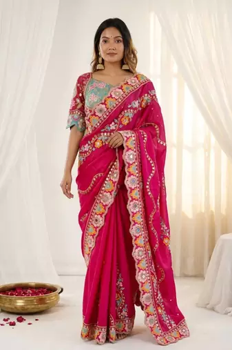 Designer soft rangoli silk embroidered work saree with stitched blouse
