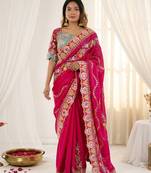 Designer soft rangoli silk embroidered work saree with stitched blouse