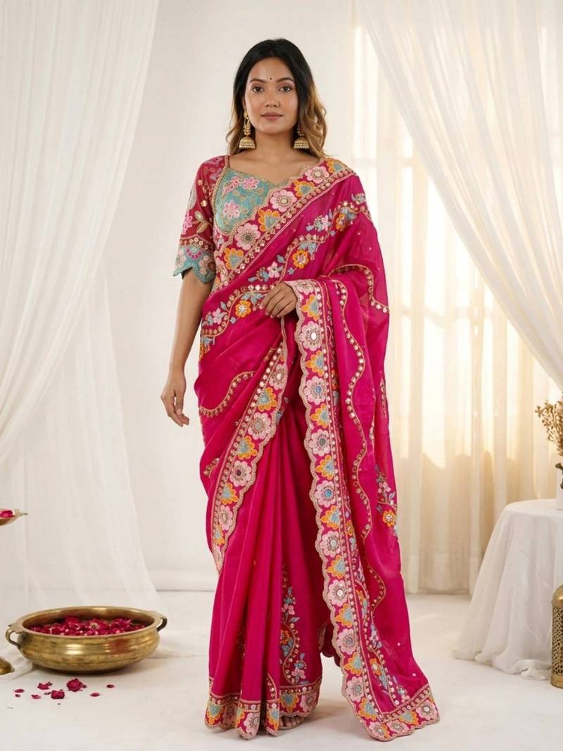 Designer soft rangoli silk embroidered work saree with stitched blouse