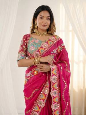 Designer soft rangoli silk embroidered work saree with stitched blouse 2