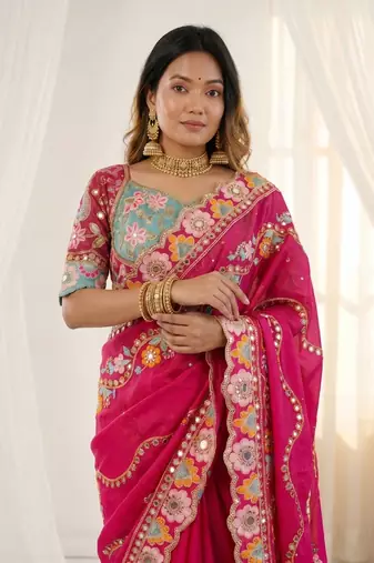 Designer soft rangoli silk embroidered work saree with stitched blouse