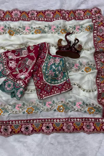 Designer soft rangoli silk embroidered work saree with stitched blouse