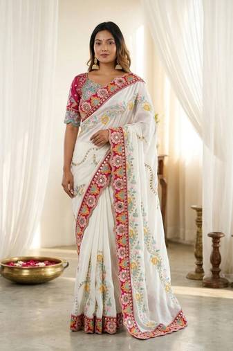Designer soft rangoli silk embroidered work saree with stitched blouse