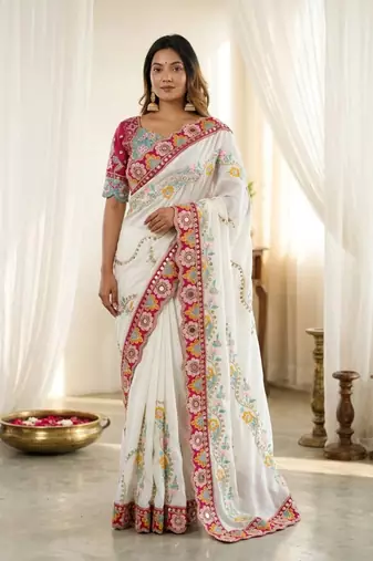 Designer soft rangoli silk embroidered work saree with stitched blouse