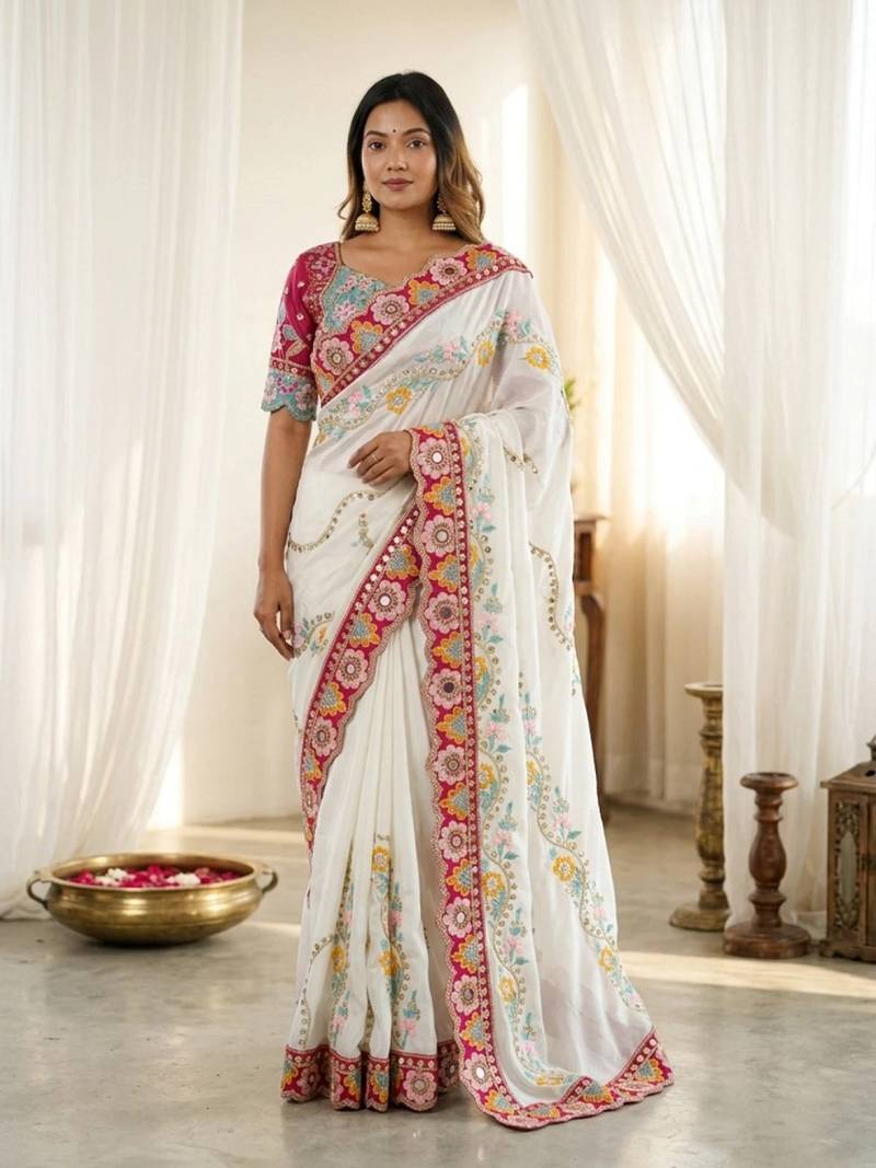 Designer soft rangoli silk embroidered work saree with stitched blouse