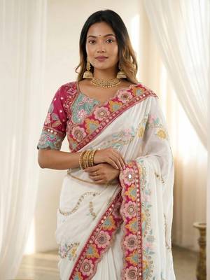 Designer soft rangoli silk embroidered work saree with stitched blouse 2