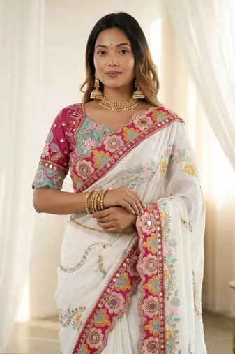Designer soft rangoli silk embroidered work saree with stitched blouse