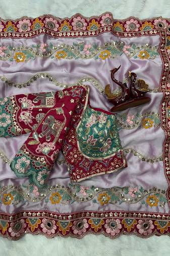 Designer soft rangoli silk embroidered work saree with stitched blouse