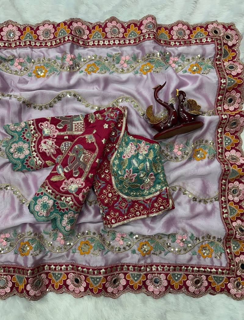 Designer soft rangoli silk embroidered work saree with stitched blouse