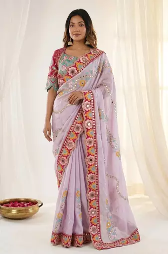 Designer soft rangoli silk embroidered work saree with stitched blouse