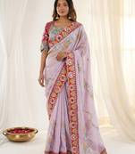 Designer soft rangoli silk embroidered work saree with stitched blouse