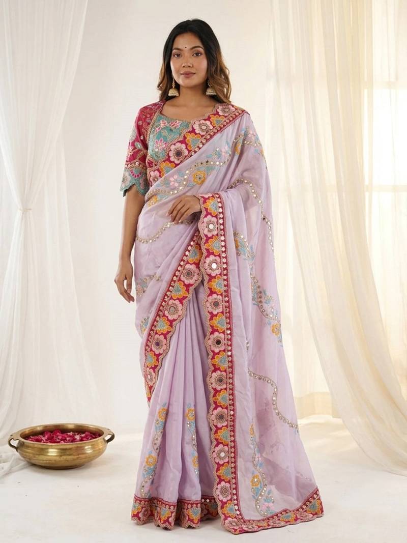 Designer soft rangoli silk embroidered work saree with stitched blouse
