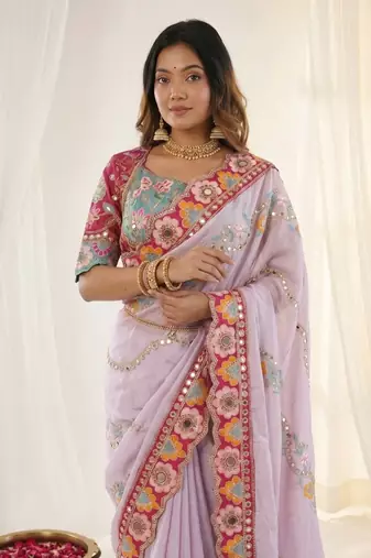 Designer soft rangoli silk embroidered work saree with stitched blouse