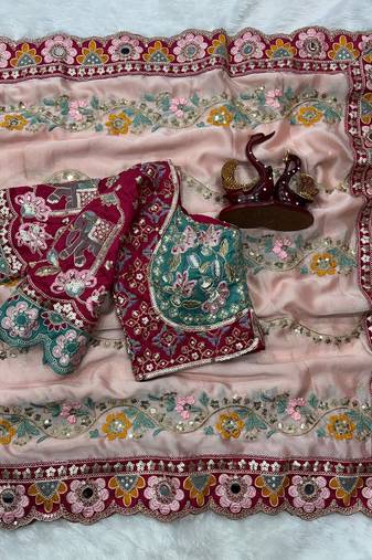 Designer soft rangoli silk embroidered work saree with stitched blouse